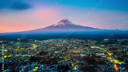 Hyperlapse of Aerial view kawaguchiko and Fuji mountains at sunrise, Japan. photo