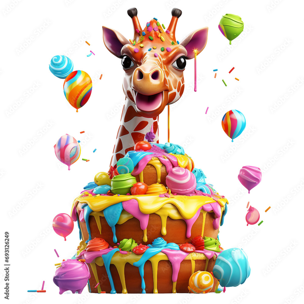 Naklejka premium Watercolor giraffe, png, print, Giraffe acrobat in circus, clear image, hyper-realistic, bright colourful colours, illustration, on white background