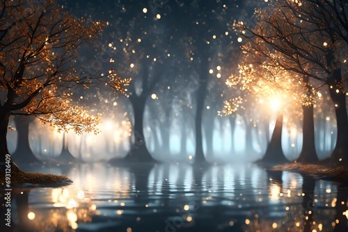 Blurred lights shining amongst tree branches background