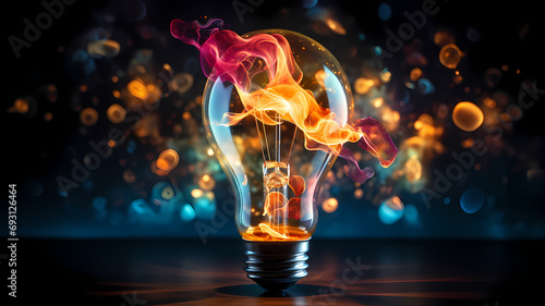 lightbulb with explosion of colors surrounding lightbulb, ideas, business, technology concept, new ideas, innovation