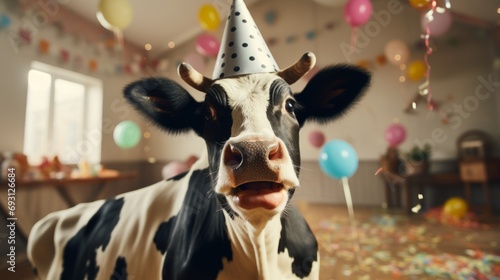 Happy cute animal friendly cow wearing a party hat celebrating at a fancy newyear or birthday party festive celebration greeting with bokeh light and paper shoot confetti surround happy lifestyle photo