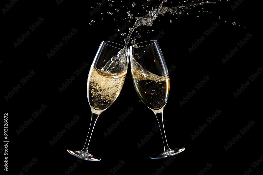 Two glasses of bubbling champagne clink with a background of exploding fireworks. Festive moment captured with joy and excitement Two glasses of bubbling champagne clink with a background of exploding fireworks. Festive moment captured with joy and excitement