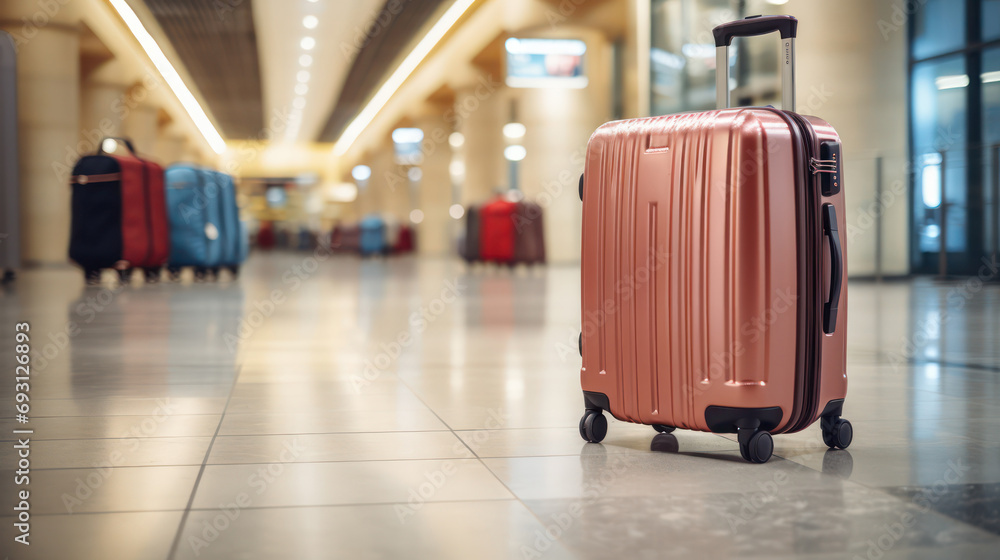 Awaiting Adventure, Two Suitcases Stand in an Empty Airport Hall, Departure in the Terminal. Awaiting Adventure, Two Suitcases Stand in an Empty Airport Hall, Departure in the Terminal.