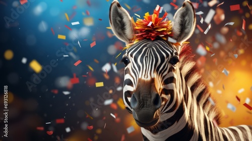 Happy cute animal friendly zebra wearing a party hat celebrating at a fancy newyear or birthday party festive celebration greeting with bokeh light and paper shoot confetti surround happy lifestyle