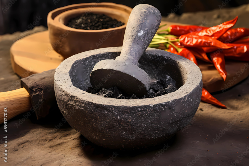 Molcajete (Mexico) - A traditional Mexican mortar and pestle made from volcanic rock, used for grinding spices and making sauces - obrazy, fototapety, plakaty 