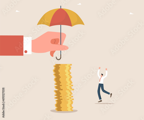 Financial and economic improvement during a stock market crash, stabilizing of foreign currency, financial tools to increase income, fighting inflation, a huge hand holding an umbrella over coins.