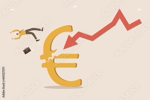 Loss of money, profits from investments and deposits, decline in business value, financial or economic collapse, defeat or failure in the foreign exchange market, a man falls from a broken euro.