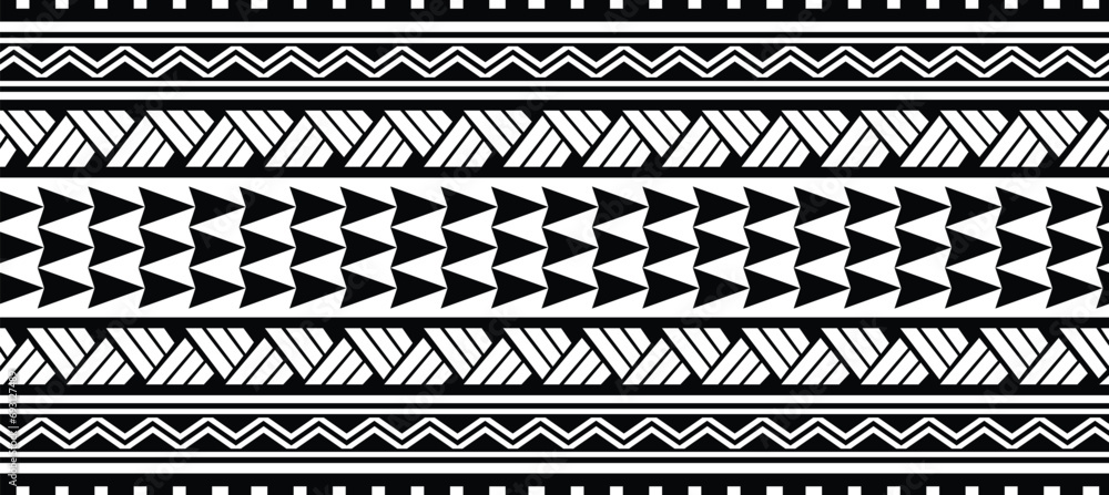 Polynesian isolated maori border. Tribal  pattern seamless samoan band. Tattoo ornamental fore arm bracelet. Fabric seamless isolated hawaiian pattern on white background. - obrazy, fototapety, plakaty 