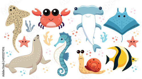 Cute sea animals  set of illustrations with aquatic inhabitants of the ocean  Leopard shark and crab  hammerhead shark and stingray  sea lion and seahorse  snail and yellow fish