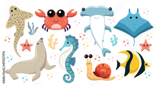 Cute sea animals, set of illustrations with aquatic inhabitants of the ocean, Leopard shark and crab, hammerhead shark and stingray, sea lion and seahorse, snail and yellow fish