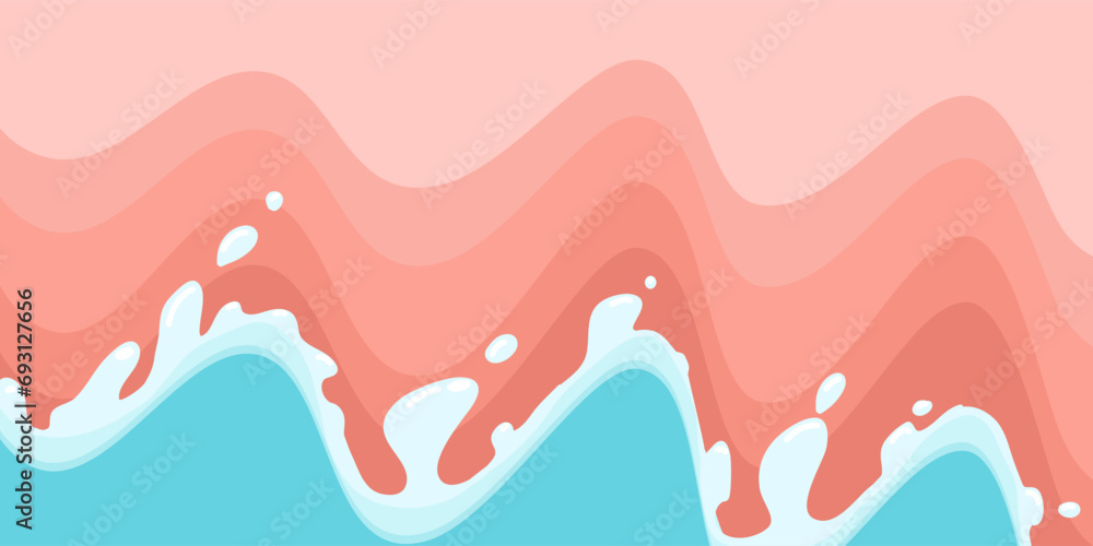 Pink cliff background with sea water splashing in the bottom. Vector illustration that is layered, dark pink to light, the blue ocean.