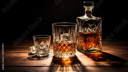  a bottle of whiskey next to two glasses on a wooden table with a shadow cast on the surface of the bottle and the glass on the table is half empty.
