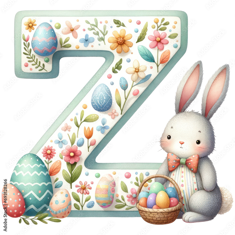 Easter bunny with eggs the letter ' Z '  watercolor Number ,Alphabet Clipart, Decor cut out transparent isolated on white background ,PNG file ,artwork graphic design illustration.