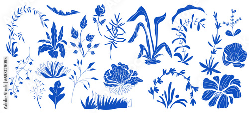 Blue ceramic plants and flowers botanical set adorable, lovely, pretty, vintage, modern, flat photo
