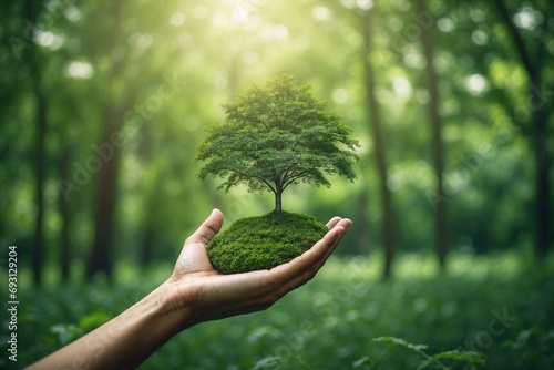 woman hand holding a small tree amidst natural backdrop, environmental, save Earth  photo