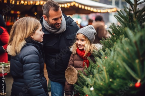 Family Buying Christmas Tree From Street Stall