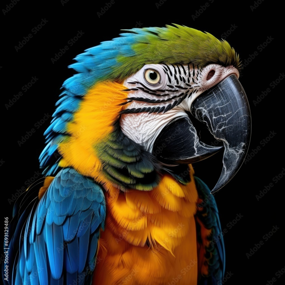 blue and yellow macaw with black background
