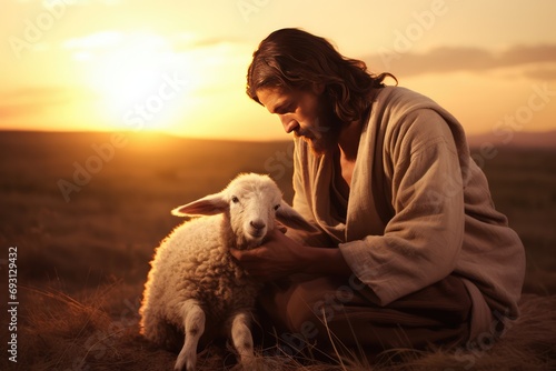 Jesus' Compassionate Act Of Rescuing A Lost Lamb At Dusk photo