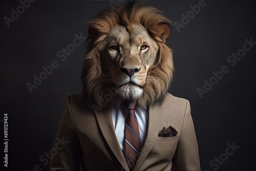 Lion Wearing Trendy Suit And Tie  Posing Like Human