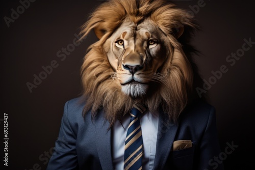 Lion Embracing Fashion: Wearing A Stylish Suit And Tie, Posing With Grace