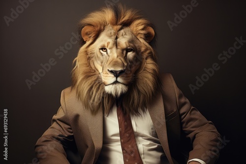 Lion Dazzling In A Fashionable Suit And Tie  Striking A Human-Like Pose
