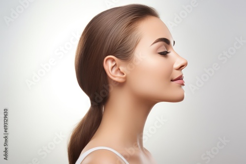 Profile Portrait Of Woman Before Rhinoplasty On White Background