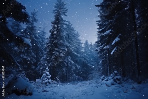 Majestic Nighttime Winter Forest: Snow-Covered Tree