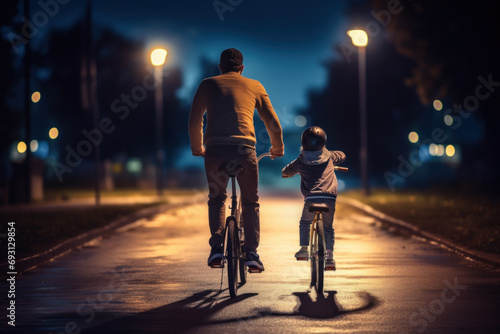 Father and son ride exercise bikes on city streets Father and son riding bicycles together at night photo