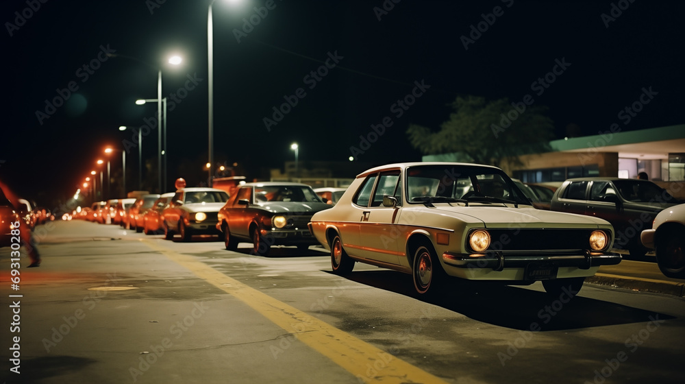 Moody scene of night traffic on the street in the 80s.