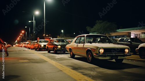 Moody scene of night traffic on the street in the 80s.