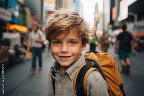 Smiling Boy with a Backpack on a Busy City Street
 photo