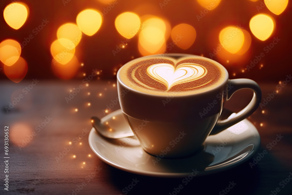 Latte Coffee Cup with Heart on Blurred Bokeh Background. Morning Tea Love Art for Valentine's Day. Copy Space Concept Latte Coffee Cup with Heart on Blurred Bokeh Background. Morning Tea Love Art for Valentine's Day. Copy Space Concept