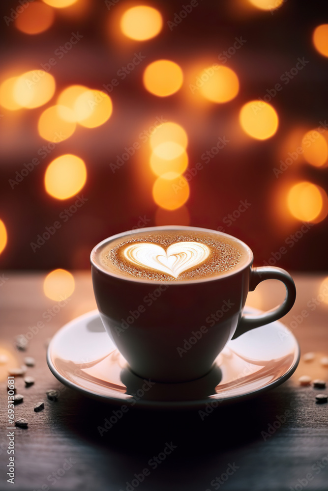 Latte Coffee Cup with Heart on Blurred Bokeh Background. Morning Tea Love Art for Valentine's Day. Copy Space Concept Latte Coffee Cup with Heart on Blurred Bokeh Background. Morning Tea Love Art for Valentine's Day. Copy Space Concept