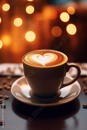 Latte Coffee Cup with Heart on Blurred Bokeh Background. Morning Tea Love Art for Valentine's Day. Copy Space Concept