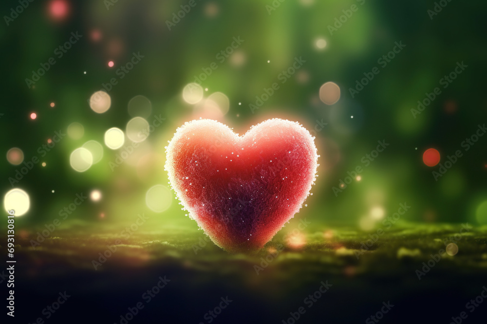 Red Heart Glowing in Sunlight on Grassland Field, Sunrise and Sunset Light Blur Bokeh Background. Ideal Landscape for Valentine's Day, Birthday, Holiday. Copy Space for Banner and Poster
