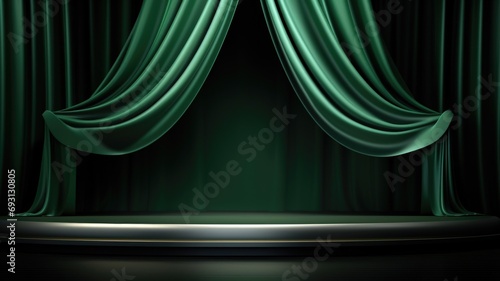 Elegant podium with satin forest green drapes in background, Premium showcase mockup template for Beauty, Cosmetic, Luxury products, with copy space for text