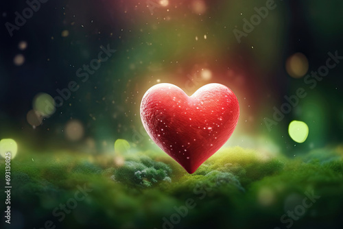 Red Heart Glowing in Sunlight on Grassland Field, Sunrise and Sunset Light Blur Bokeh Background. Ideal Landscape for Valentine's Day, Birthday, Holiday. Copy Space for Banner and Poster