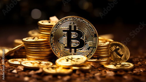 Selective focus of golden bitcoins with a pile of gold coins. investing in cryptocurrency