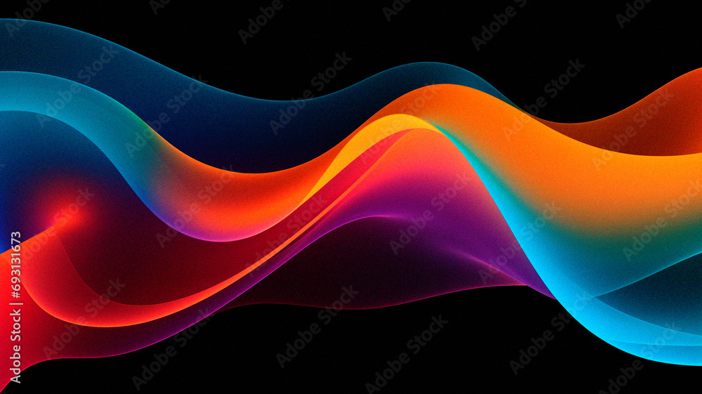 Vibrant rainbow, orange blue teal white psychedelic grainy gradient color flow wave on black background, music cover dance party poster design. Retro Colors from the 1970s 1980s, 70s, 80s, 90s style - obrazy, fototapety, plakaty 