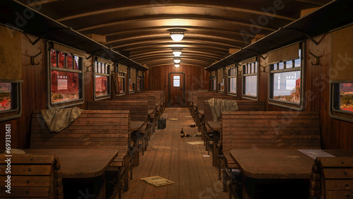 Fototapeta Naklejka Na Ścianę i Meble -  Inside an old wild west railway train passenger carriage. 3D rendering.