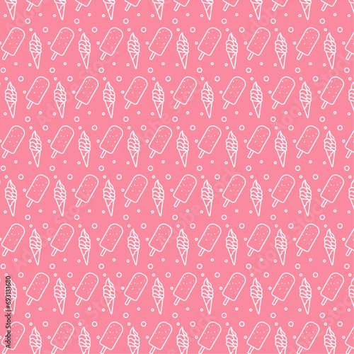 Cute ice cream seamless pattern in cone and on stick in outline style on pink background for backgrounds, patterns, wrapping, packging, wallpapers	