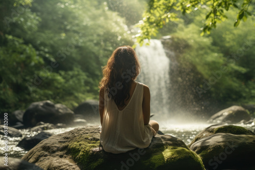A young woman wearing casual clothes enjoys a natural waterfall in the forest. woman closes her eyes Feel relaxed and take a deep breath in the fresh air.