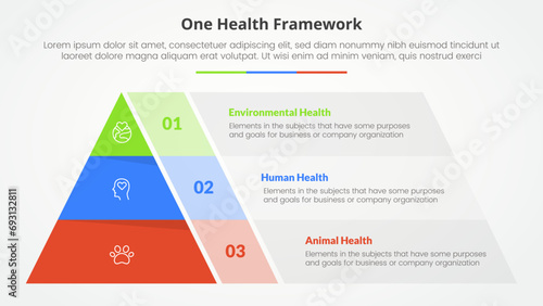 one health infographic concept for slide presentation with pyramid shape structure divided with 3 point list with flat style