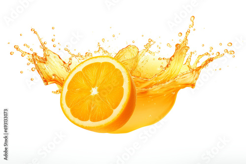 Sliced orange with juice splash isolated on transparent background. Fruit explosion