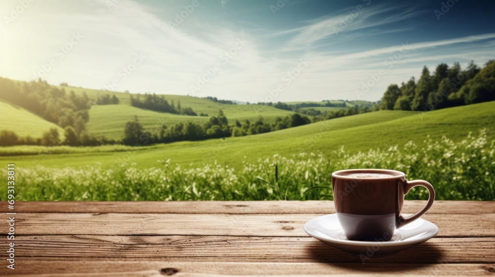 Morning coffee on a rustic wooden table with serene meadow view. Morning coffee on a rustic wooden table with serene meadow view.