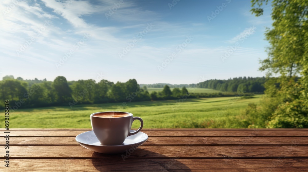 Coffee cup on wooden table over rural landscape. Morning freshness concept.