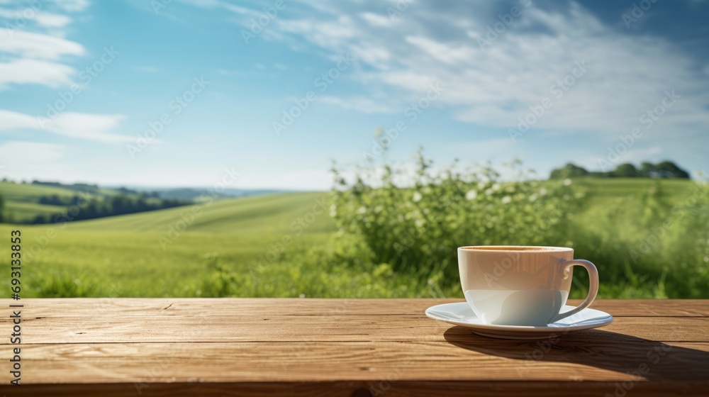 Serenity in a cup: coffee on wooden table with lush green hills and blue sky backdrop. Serenity in a cup: coffee on wooden table with lush green hills and blue sky backdrop.