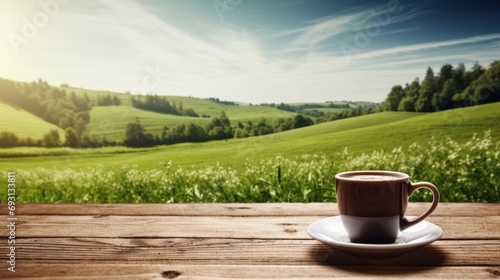 Morning coffee on a rustic wooden table with serene meadow view.