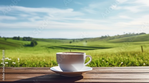 Serenity in a cup: Coffee on wooden table with expansive green field and blue sky backdrop. Ideal for relaxation and lifestyle themes.