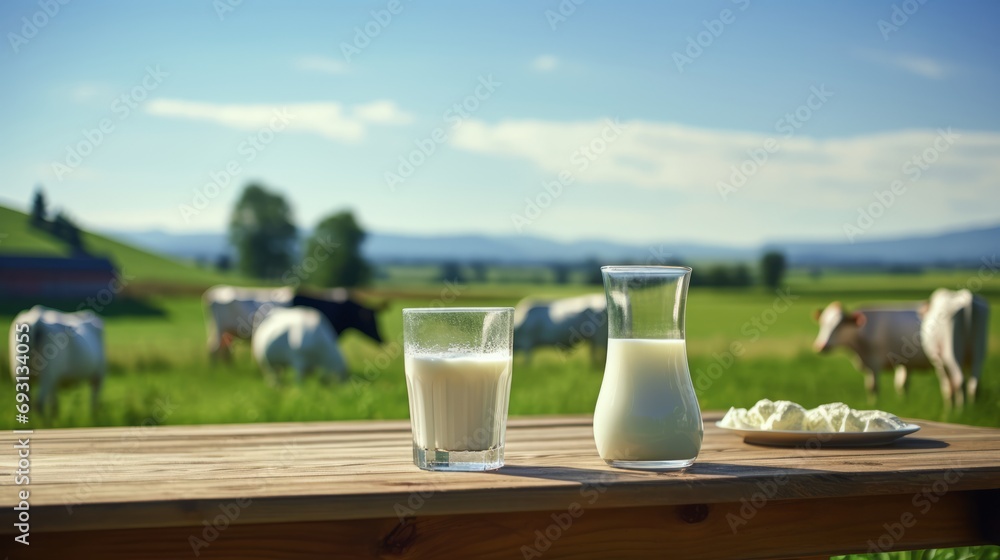 Fresh dairy milk in glass and jug on wooden table with cows in sunny meadow background. Fresh dairy milk in glass and jug on wooden table with cows in sunny meadow background.